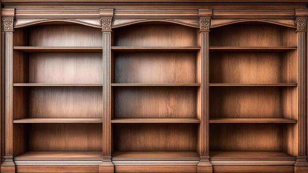 Empty wooden bookshelf