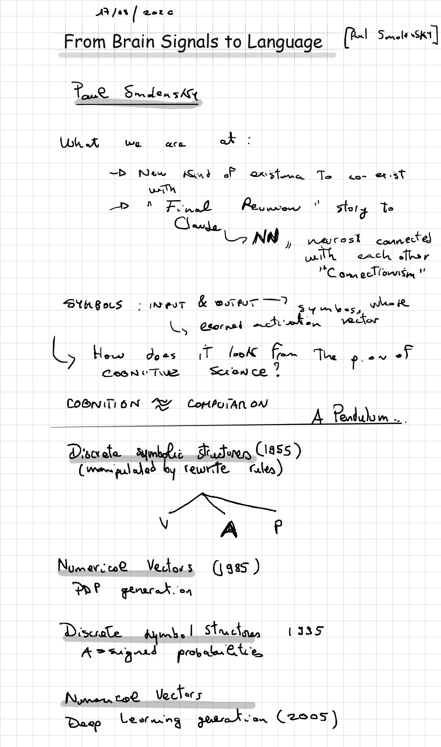 First page of handwritten notes from Paul Smolensky's core lecture