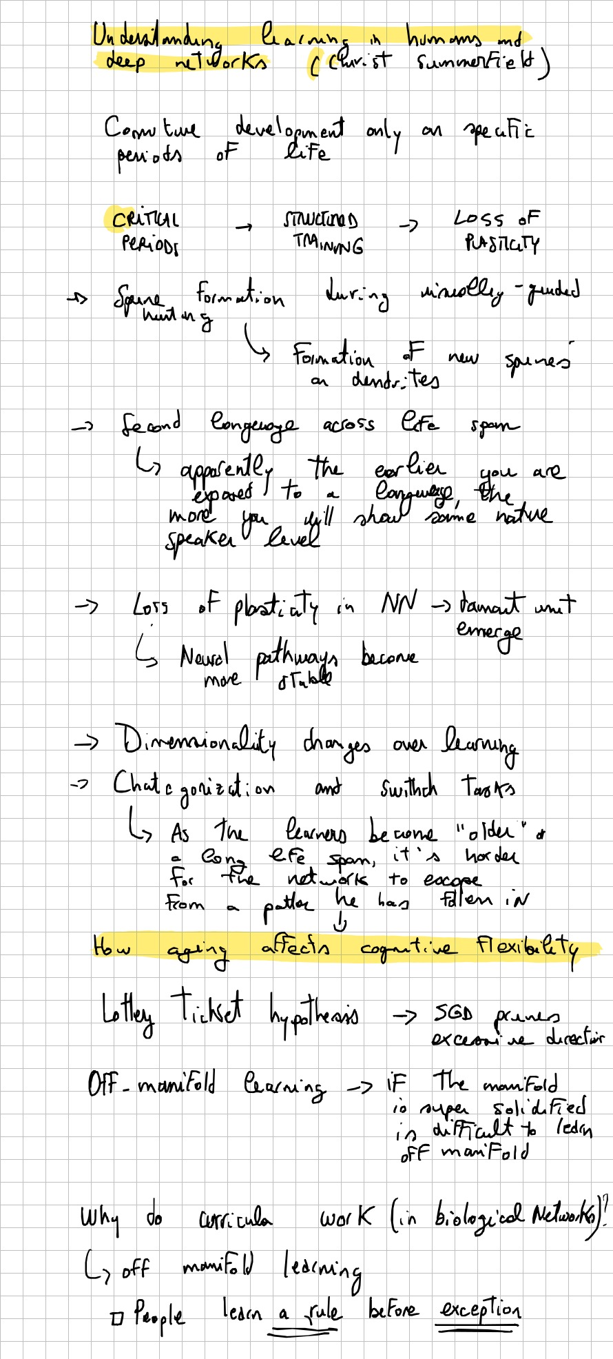 Handwritten notes from Chris Summerfield's curriculum learning lecture