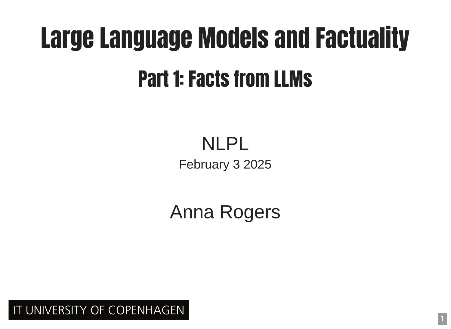 Page 1 of 121 from Large Language Models and Factuality, included in Lucia Domenichelli's HPLT × NLPL Winter School notes.