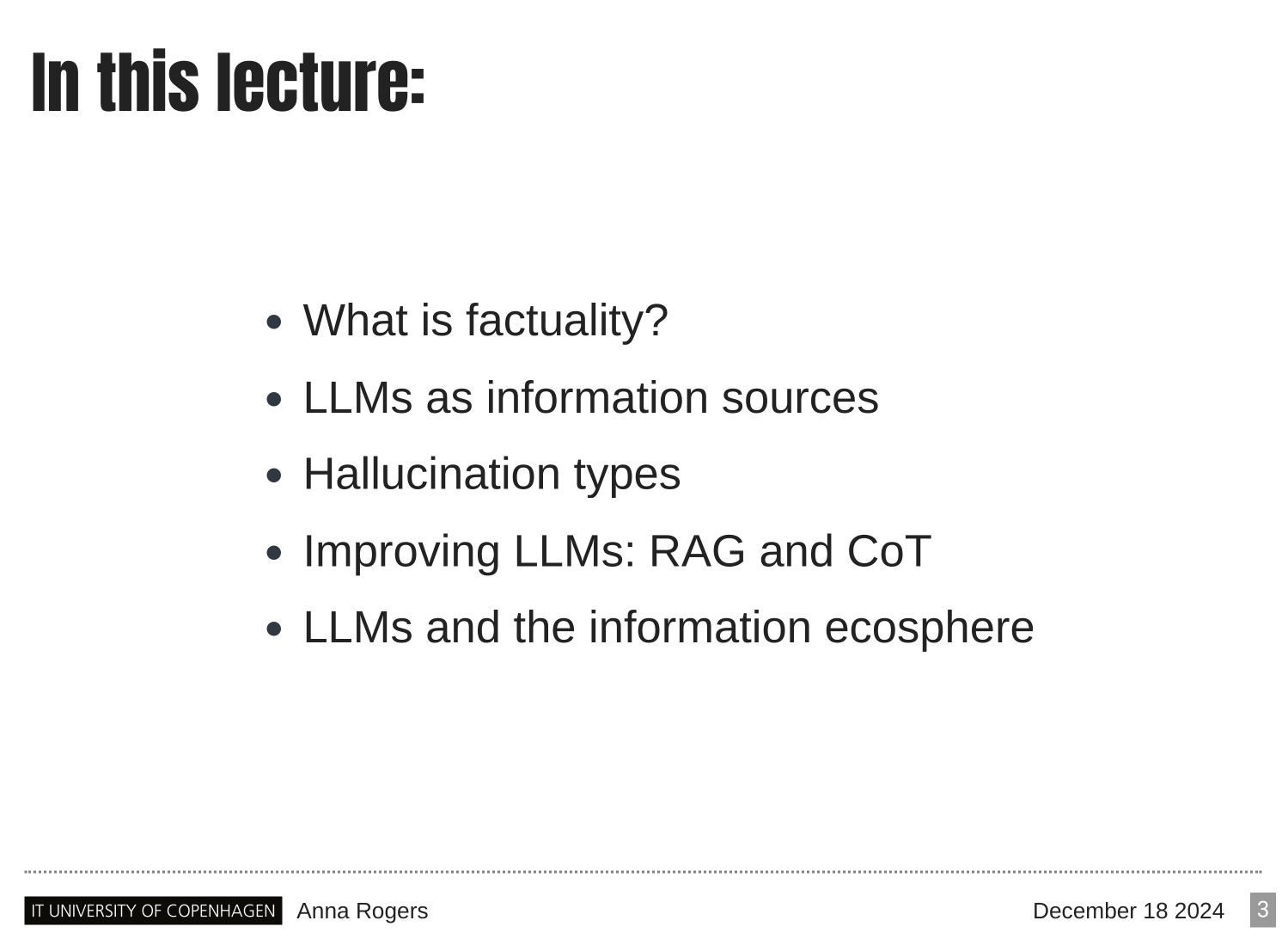 Page 3 of 121 from Large Language Models and Factuality, included in Lucia Domenichelli's HPLT × NLPL Winter School notes.
